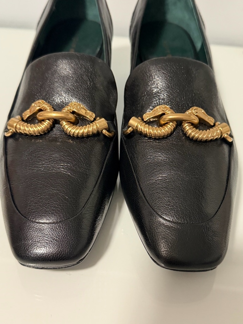 Tory Burch Jessa Loafers Black Leather Block Heel Loafers with Gold Chain Accent - Picture 7 of 11